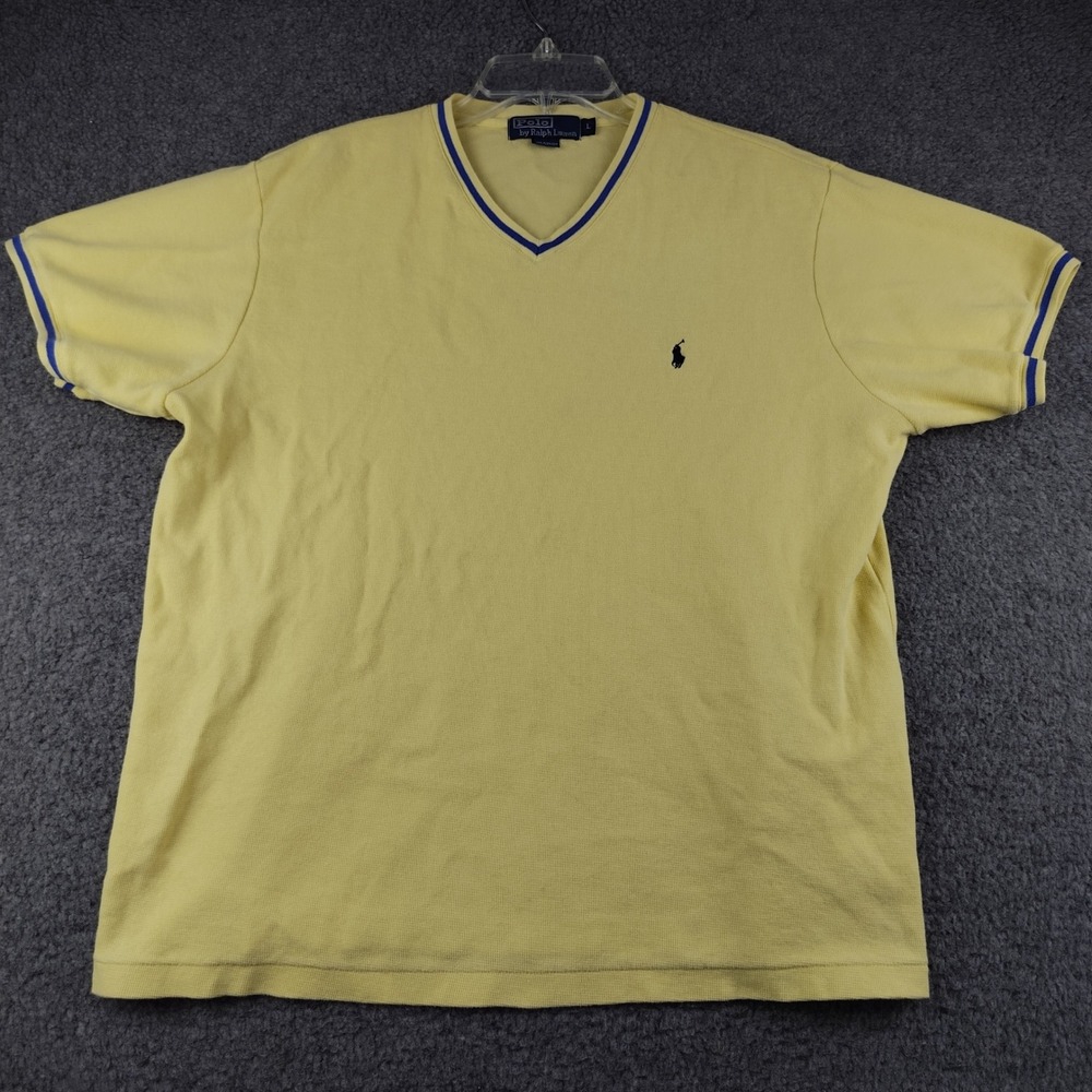 Polo Ralph Lauren Preppy Yacht Shirt Mens V Neck Yellow Blue Tipped Cotton Large